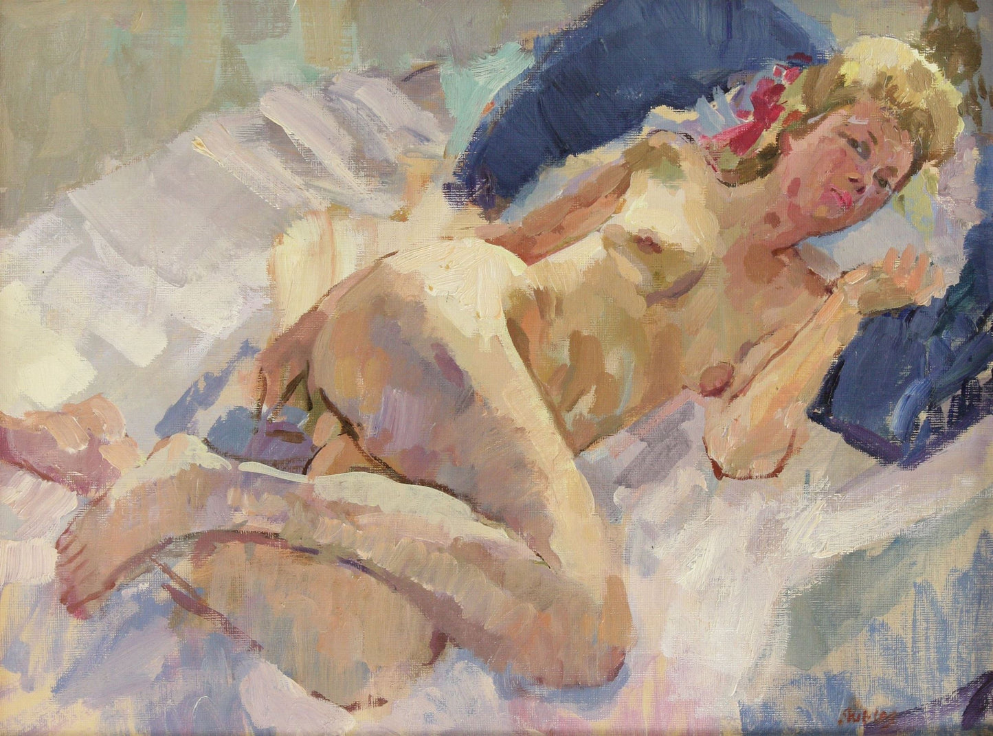 Collectible oil painting of nude woman in study by renowned British artist Trevor Stubley